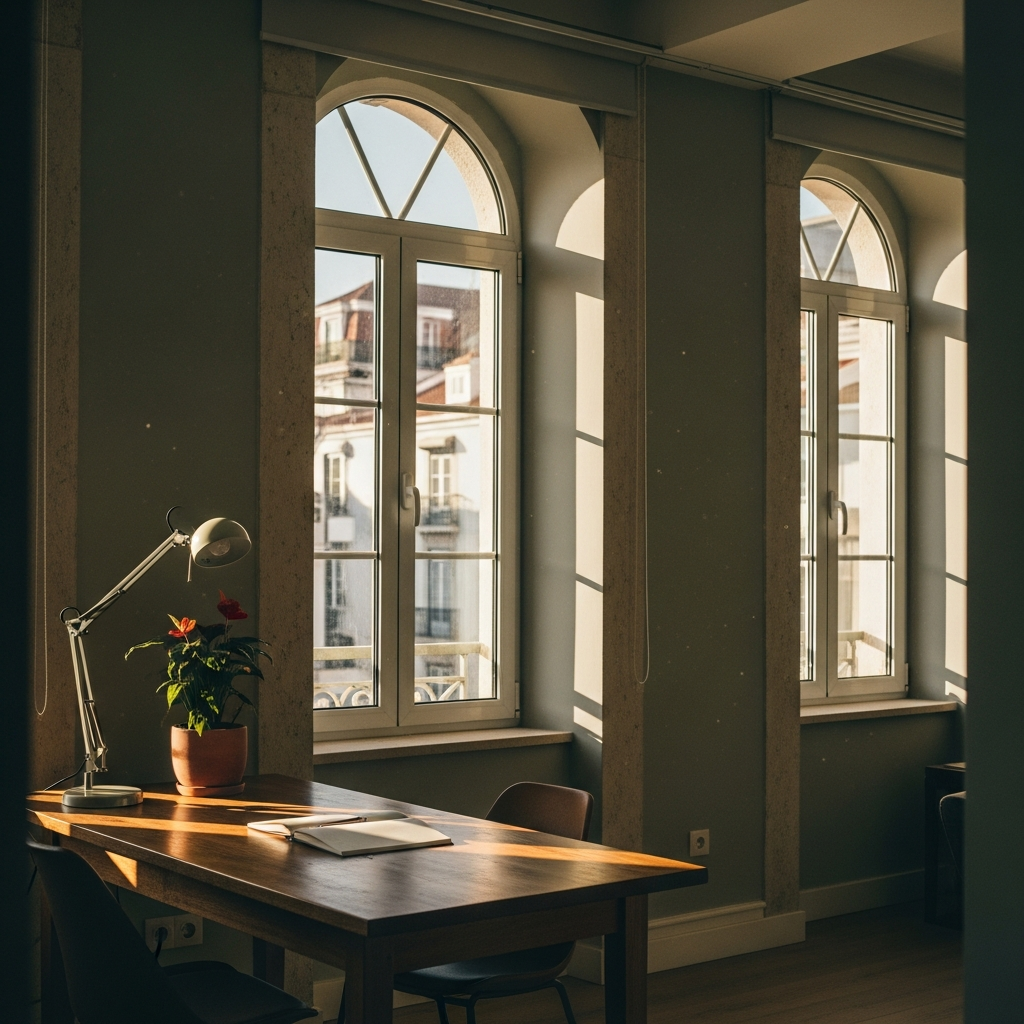 Warm Lisbon studio interior with tall windows, afternoon golden light, wooden desk, plant, notebook, sage green walls, editorial interior photography