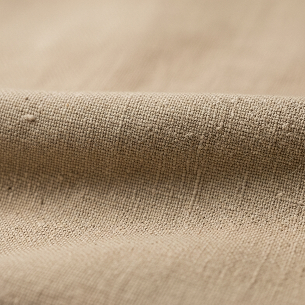 Close-up of natural linen fabric texture, warm sand tones, soft focus, material detail, quiet luxury