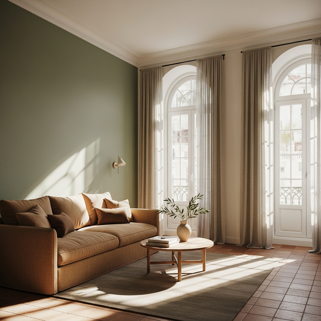 A sunlit Lisbon apartment living room, sage green accent wall, warm sand linen sofa, terracotta tiles, natural light streaming through tall arched windows, editorial interior photography, quiet luxury, no people