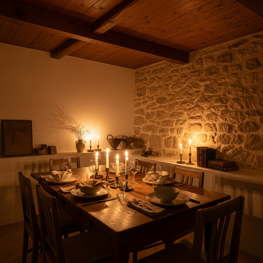 Cozy warm Portuguese apartment dining room, wooden ceiling, stone wall, candle light, warm sand tones, editorial interior photography, no people