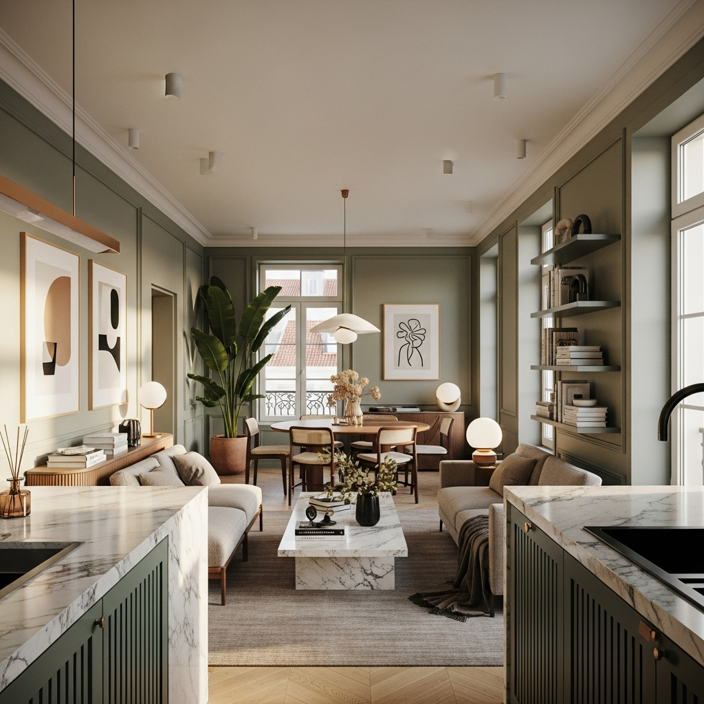 Wide angle view of a beautifully designed Lisbon apartment, warm afternoon light, sage green and sand palette, marble surfaces, editorial interior photography, no people